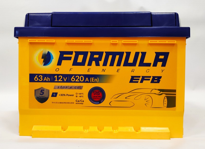 Акумулятор легковий Formula of energy EFB 6СТ-63(1), 12B, 63Ah, 620A, плюс ліворуч (L+) кальцієвий (Ca/Ca), 242x175x175мм (FEFB063E1)